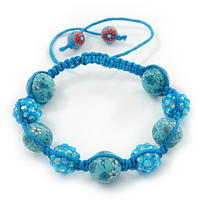 Sky Blue Acrylic/Diamante Bead Children/Girls/ Petites Teen Buddhist Bracelet On Light Blue String - main view