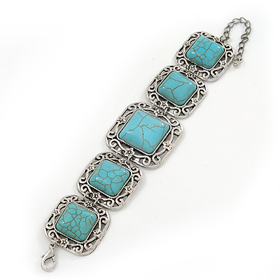 Vintage Turquoise Style Square Filigree Bracelet In Burn Silver - 16cm Length/ 5cm Extension - main view
