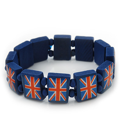 UK British Flag Union Jack Dark Blue Stretch Wooden Bracelet - up to 20cm length - main view