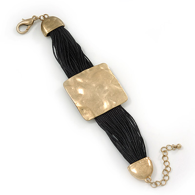 Ethnic Hammered Square Disk Black Cotton Cord Bracelet In Gold Plating - 16cm Length/ 5cm Extension - main view