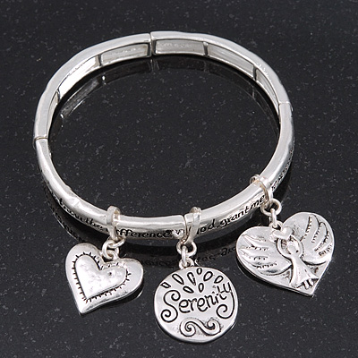 Silver Plated Charm 'Heart, Serenity & Angel' Flex Bangle Bracelet - 18cm Length - main view