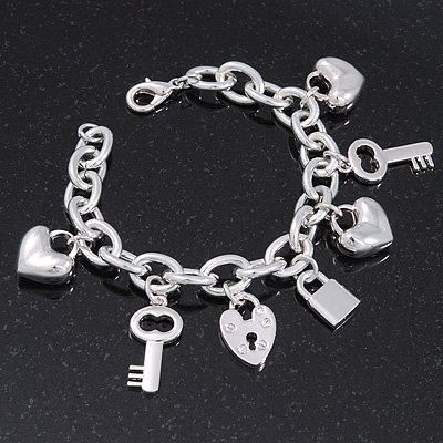 Rhodium Plated Charm 'Heart, Key & Lock' Link Bracelet - 16cm (For Small Wrist)