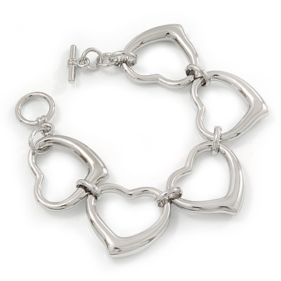 Polished Rhodium Plated Open Heart Bracelet With T-Bar Closure - 16cm Length (For Small Wrists) - main view
