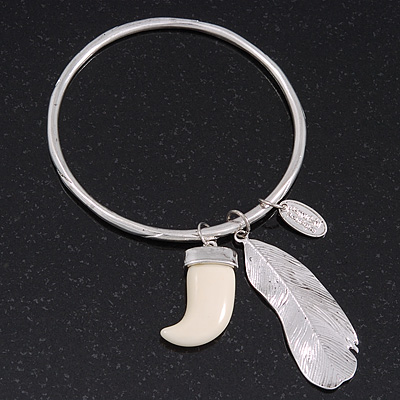 Thin Hammered Charm 'Tooth, Feather & Medallion' Bangle In Silver Plating - 18cm Length