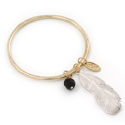 Thin Hammered Charm 'Bead, Feather & Medallion' Bangle In Gold Plating - 18cm Length - main view