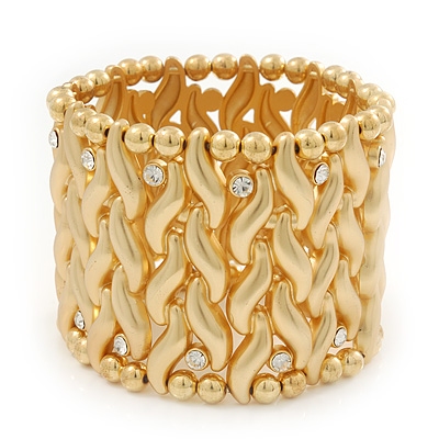 Wide Gold Plated Crystal 'Plaited' Flex Bracelet - 19cm Length - main view