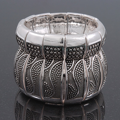 Burn Silver Finish Wide Textured Flex Bracelet - 18cm Length - main view