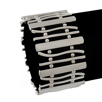 Polished Silver Plated Bars & Bead Flex Bracelet - 18cm Length