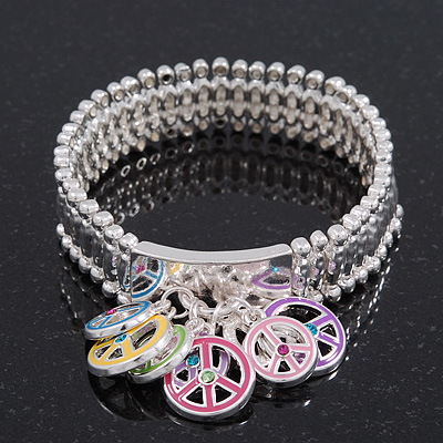 Silver Plated Multicoloured 'Peace' Charm Flex Bracelet - 19cm Length - main view