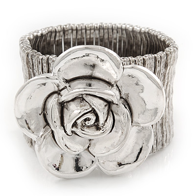 Large 'Daisy' Floral Flex Bracelet In Silver Plating - 19cm Length - main view