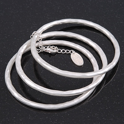 Brushed and Hammered Boutique Bangle Set (Silver Tone) - up to 18cm Length - main view