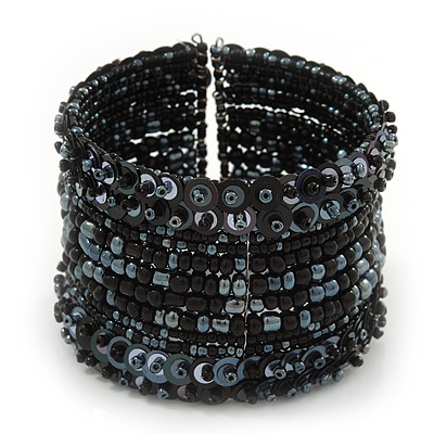 Bohemian Beaded Cuff Bangle with Sequin (Black)  - Adjustable - main view