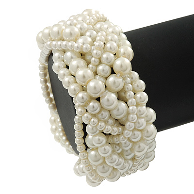 Chunky Multistrand White Glass Pearl Flex Bracelet - 20cm Length - main view