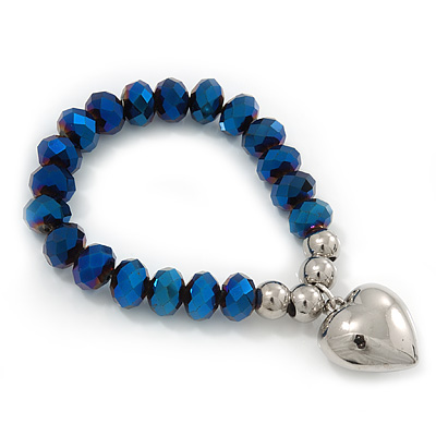 Chameleon Blue Faceted Glass Bead 'Heart' Flex Bracelet - up to 22cm Length - main view