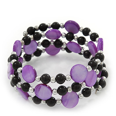 Acrylic & Shell Bead Coil Flex Bangle Bracelet (Violet and Black) - Adjustable