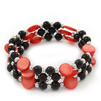 Acrylic & Shell Bead Coil Flex Bangle Bracelet (Red and Black) - Adjustable - main view