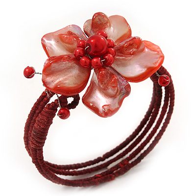 Coral Red Shell Bead Flower Wired Flex Bracelet - Adjustable - main view
