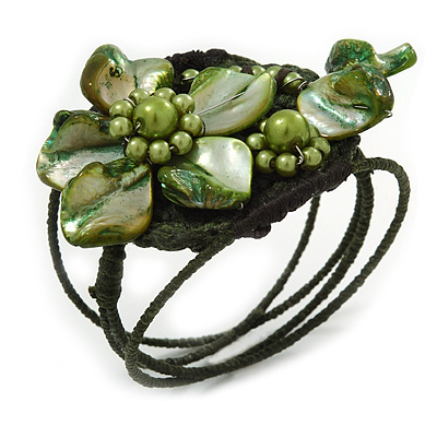 Olive/Green Shell Bead Flower Wired Flex Bracelet - Adjustable - main view