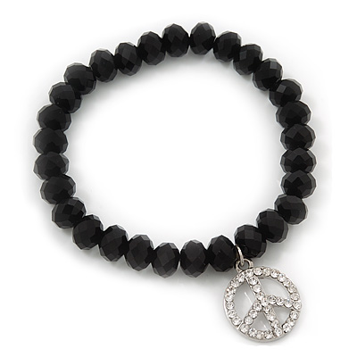 Black Glass Bead 'Peace' Flex Bracelet - 19cm Length - main view
