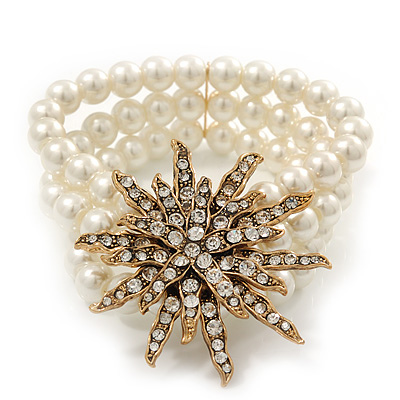 Multistrand White Simulated Glass Pearl 'Star' Flex Bracelet - up to 20cm Length - main view