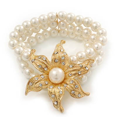 Multistrand White Simulated Glass Pearl 'Flower' Flex Bracelet - up to 20cm Length - main view