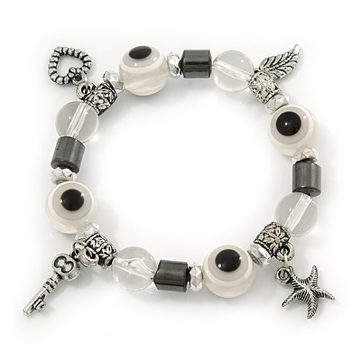 Evil Eye Black/White Acrylic Bead Protection Stretch Bracelet In Burn Silver - 9mm Diameter - Adjustable - main view