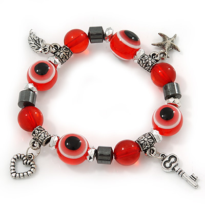 Evil Eye Red Acrylic Bead Protection Stretch Bracelet In Burn Silver - 9mm Diameter - Adjustable - main view