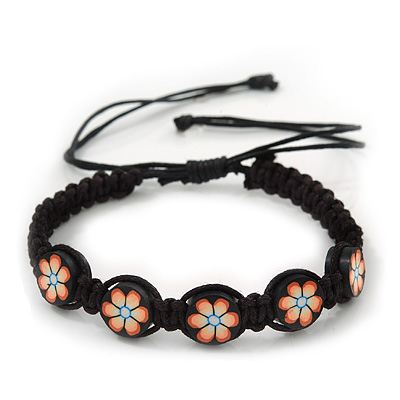 Peach/Black Floral Wooden Friendship Style Cotton Cord Bracelet - Adjustable