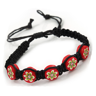 Red/Black Floral Wooden Friendship Style Cotton Cord Bracelet - Adjustable - main view