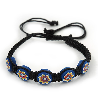 Blue/Black Floral Wooden Friendship Style Cotton Cord Bracelet - Adjustable - main view