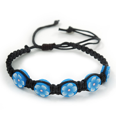 Light Blue/Black Floral Wooden Friendship Style Cotton Cord Bracelet - Adjustable - main view