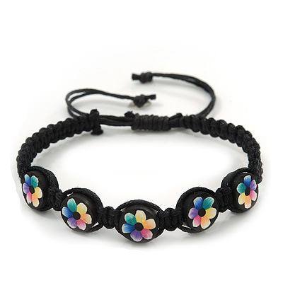 Multicoloured/Black Floral Wooden Friendship Style Cotton Cord Bracelet - Adjustable - main view