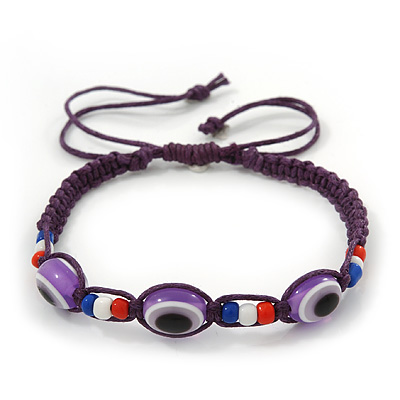 Evil Eye Acrylic Bead Protection Friendship Cord Bracelet In Purple- Adjustable - main view