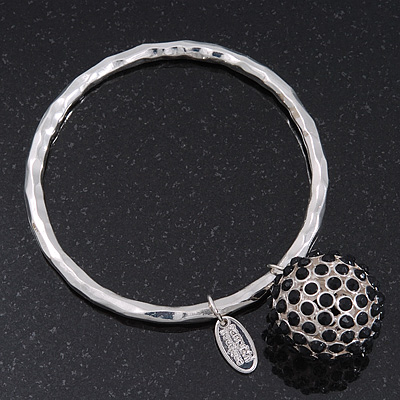Unique Hammered Crystal Ball Bangle In Silver Plating - 18cm Length - main view