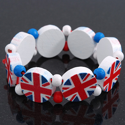 UK British Flag Union Jack Stretch White  Wooden Bracelet - up to 20cm length - main view