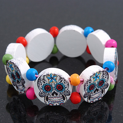 White Wooden 'Mexican Candy Skull' Flex Bracelet - Adjustable - main view