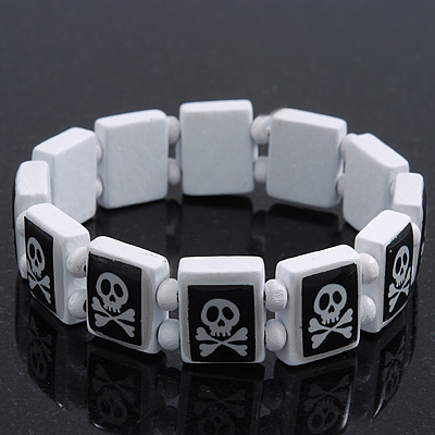 White/Black  Wood Flex 'Skull & Crossbones' Bracelet - up to 20cm Length - main view