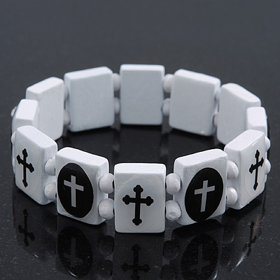 White/Black Wood Flex 'Cross' Bracelet - up to 20cm Length - main view