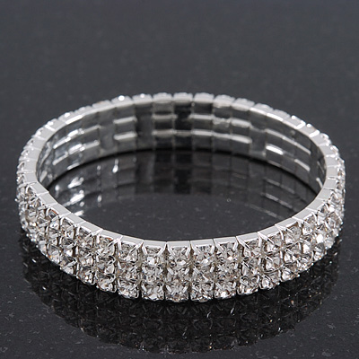 3 Row Swarovski Crystal Flex Bracelet In Silver Plating - up to 18cm Length - main view