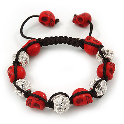 Red Skull Shape Stone Beads & Crystal Balls Buddhist Bracelet - 11mm diameter - Adjustable - main view
