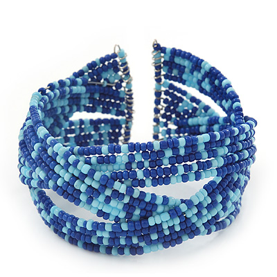 Boho Royal/ Light Blue Glass Bead Plaited Flex Cuff Bracelet - Adjustable - main view