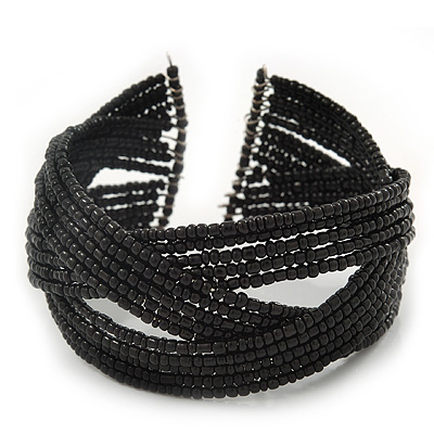 Boho Black Glass Bead Plaited Flex Cuff Bracelet - Adjustable - main view