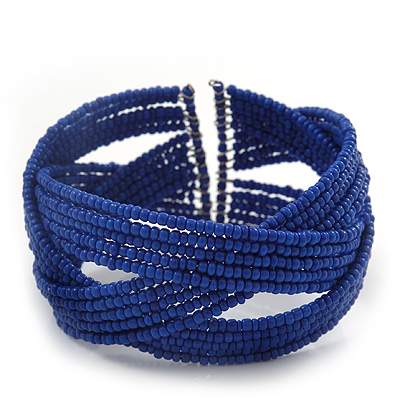 Boho Royal Blue Glass Bead Plaited Flex Cuff Bracelet - Adjustable