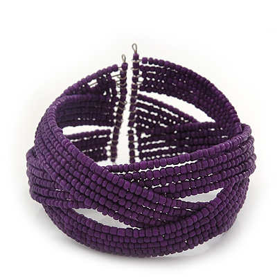 Boho Purple Glass Bead Plaited Flex Cuff Bracelet - Adjustable - main view