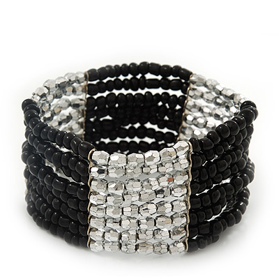 Multistrand Black Glass/ Silver Acrylic Bead Stretch Bracelet - 18cm Length - main view