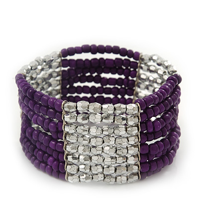 Multistrand Purple Glass/ Silver Acrylic Bead Stretch Bracelet - 18cm Length - main view