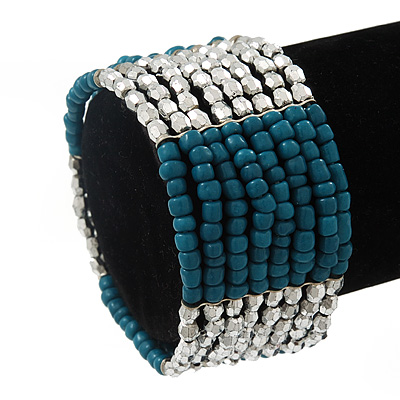 Multistrand Teal Glass/ Silver Acrylic Bead Stretch Bracelet - 18cm Length