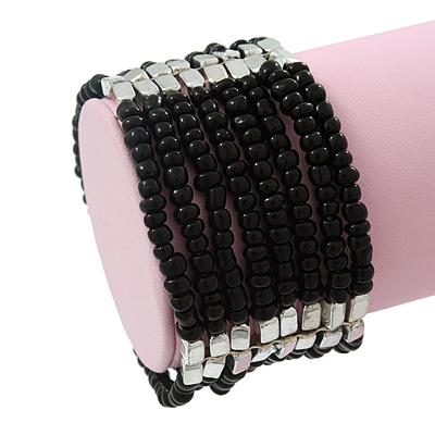 Multistrand Black Glass/Silver Acrylic Bead Flex Bracelet - 19cm Length - main view