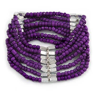 Multistrand Purple Glass/Silver Acrylic Bead Flex Bracelet - 19cm Length - main view
