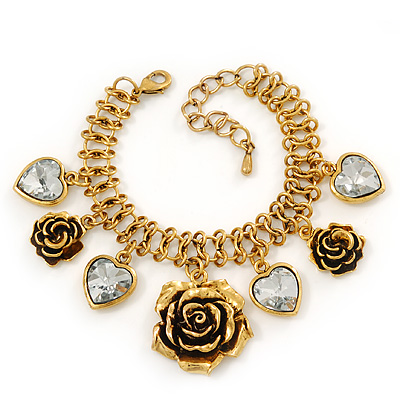 Vintage 'Rose&Heart' Mesh Charm Bracelet In Burn Gold  Metal - 17cm Length/ 4cm Extension - main view